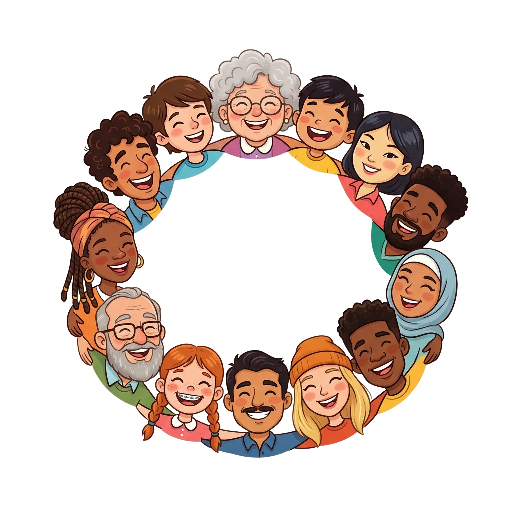 Illustration of a diverse group of 12 smiling people linked arms in a circle