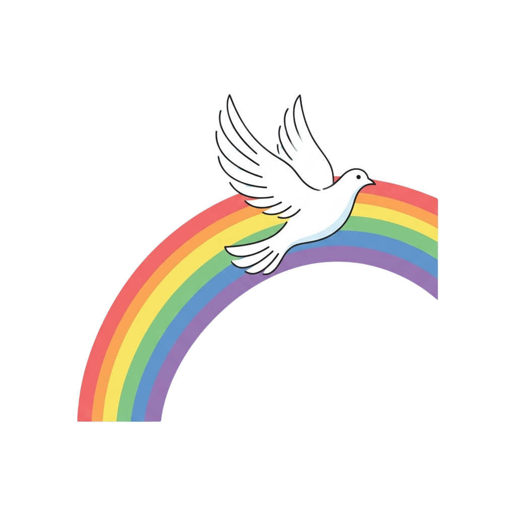 A white dove flying over a colorful rainbow arch against a black background