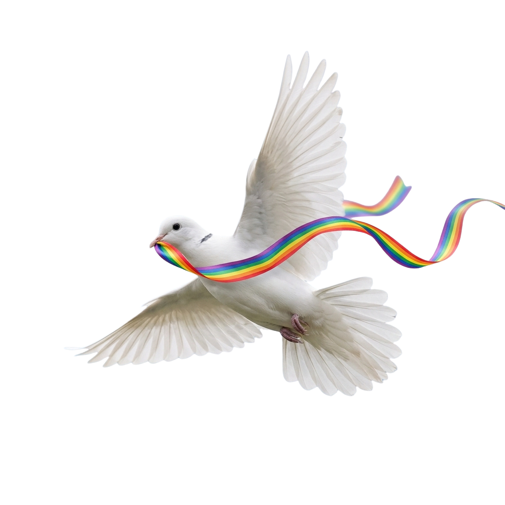 A white dove in flight with a rainbow-colored ribbon trailing behind it