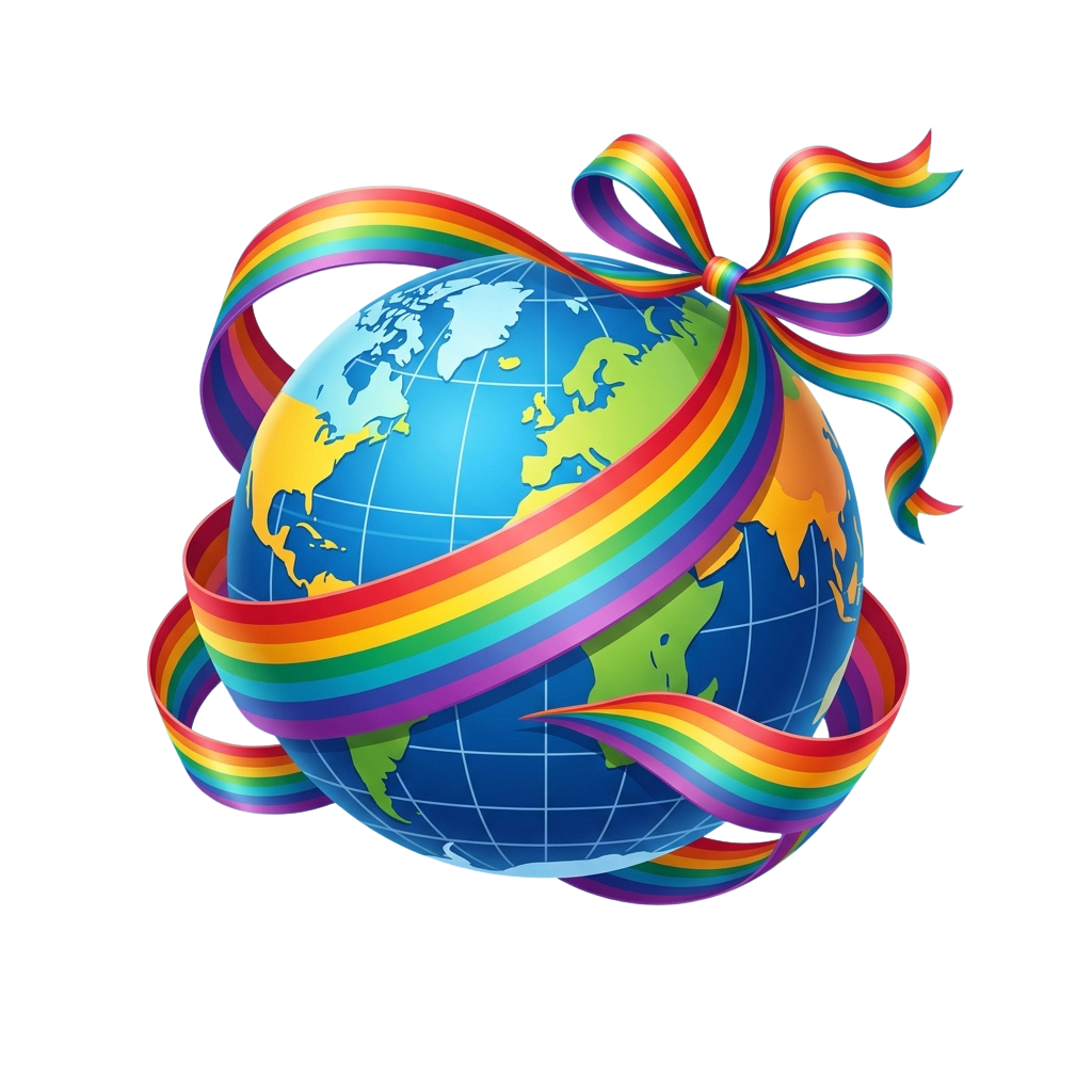 A globe wrapped with rainbow ribbons and a large decorative bow against a black background