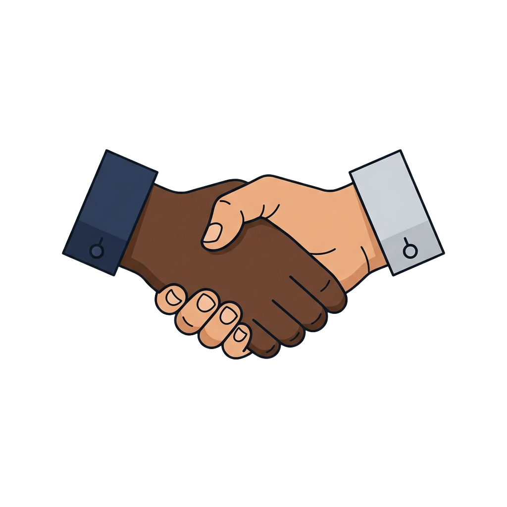 Two hands in a handshake, one dark-skinned and one light-skinned, wearing formal sleeves.
