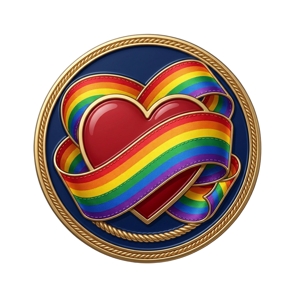 A decorative emblem featuring intertwined rainbow hearts with a gold rope border on a dark background