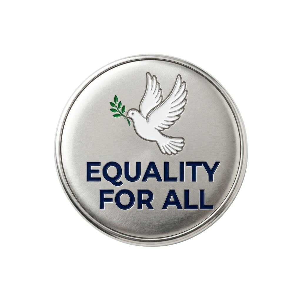 Round coin showing a dove holding an olive branch with Equality for All text underneath