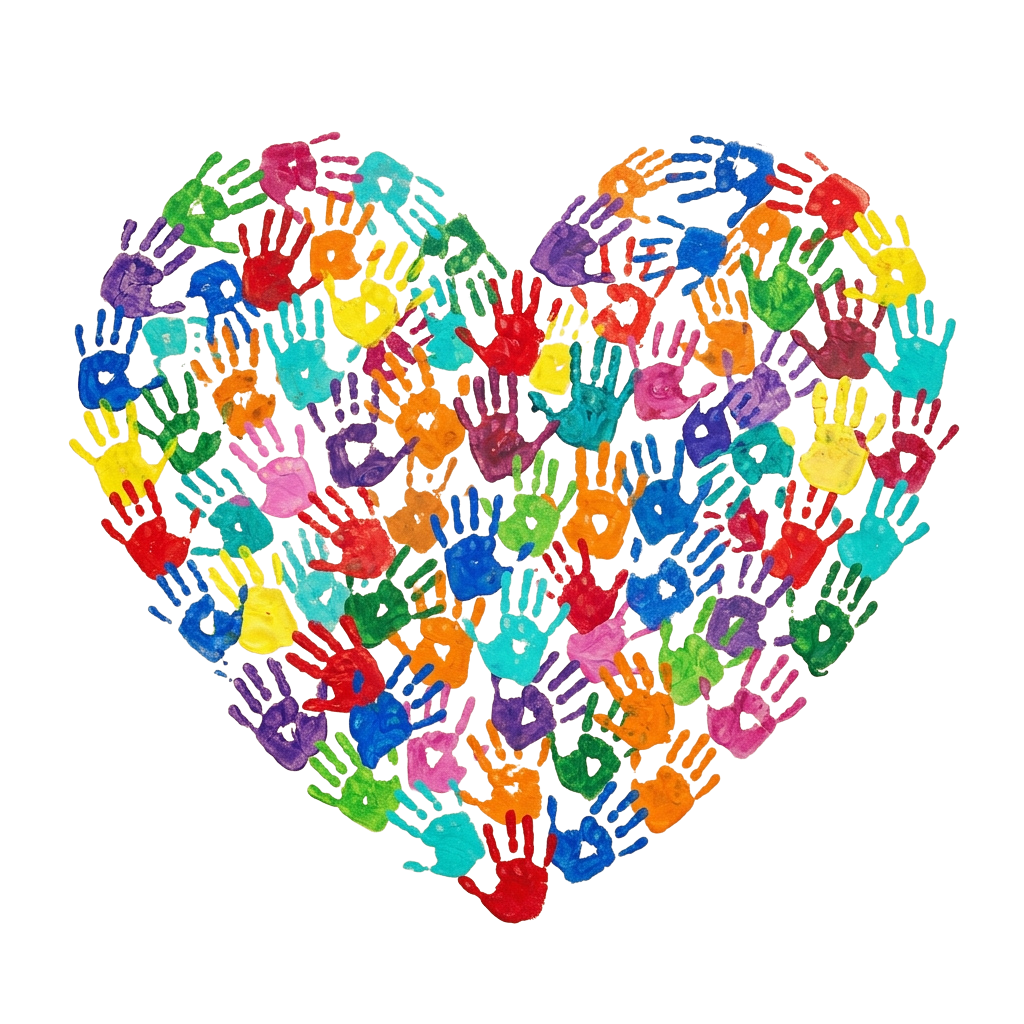 A heart shape made from numerous colorful handprints in various bright colors