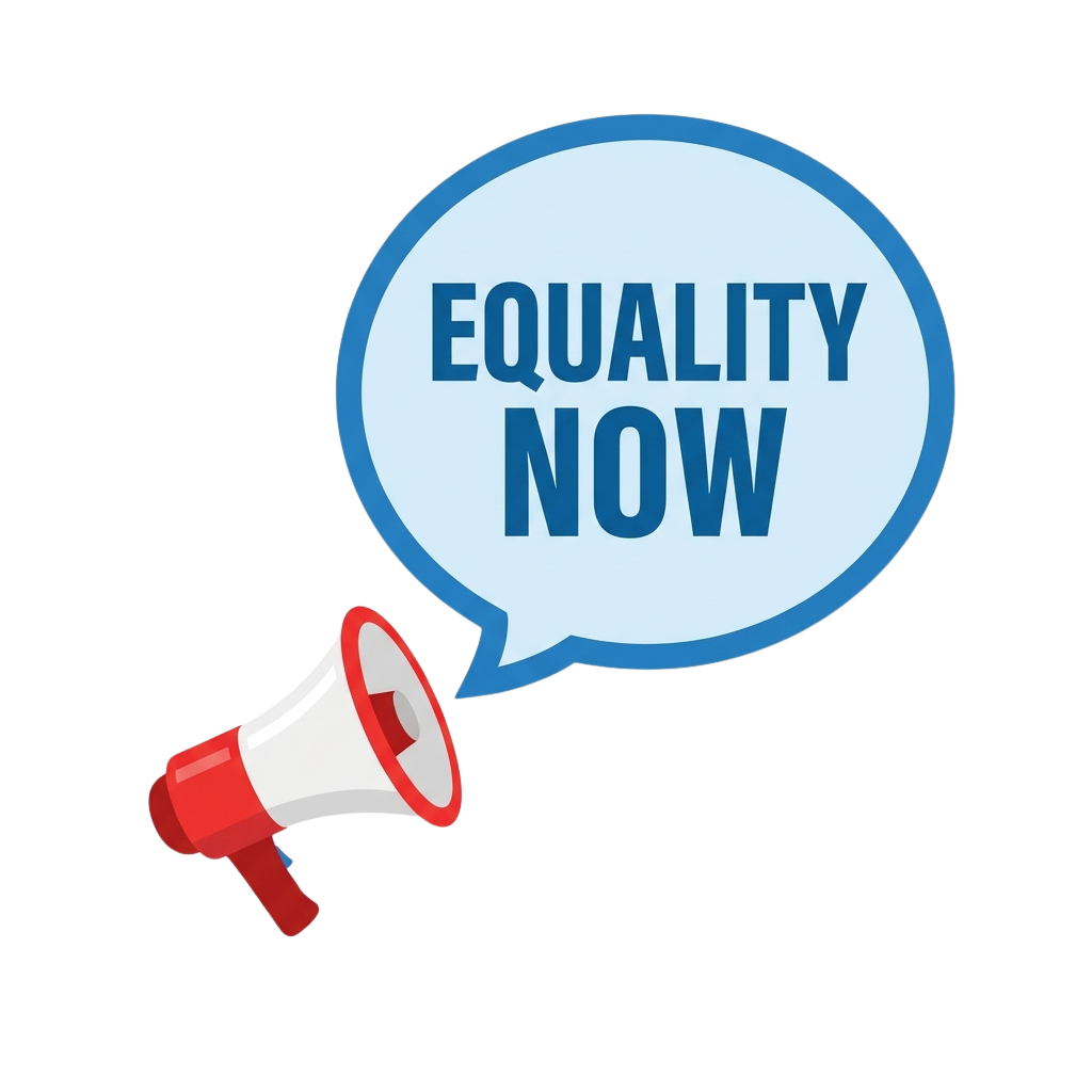 A speech bubble with the text Equality Now and a red megaphone pointing to it