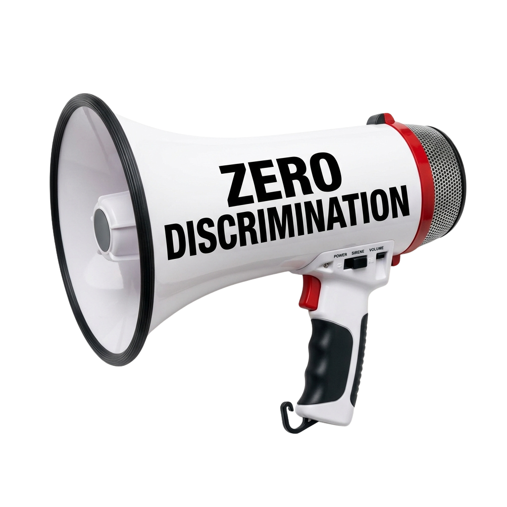 Megaphone with black text reading Zero Discrimination