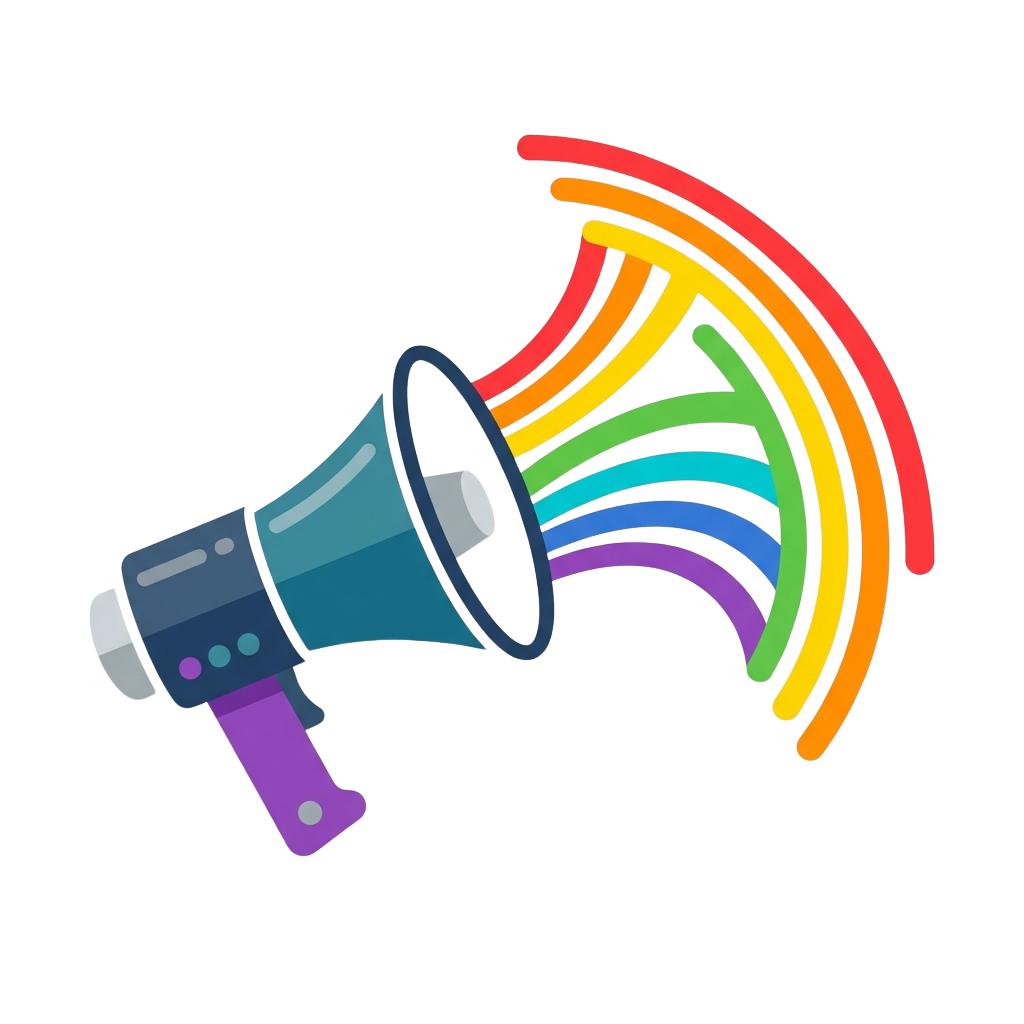 A stylized megaphone emitting rainbow-colored sound waves against a black background