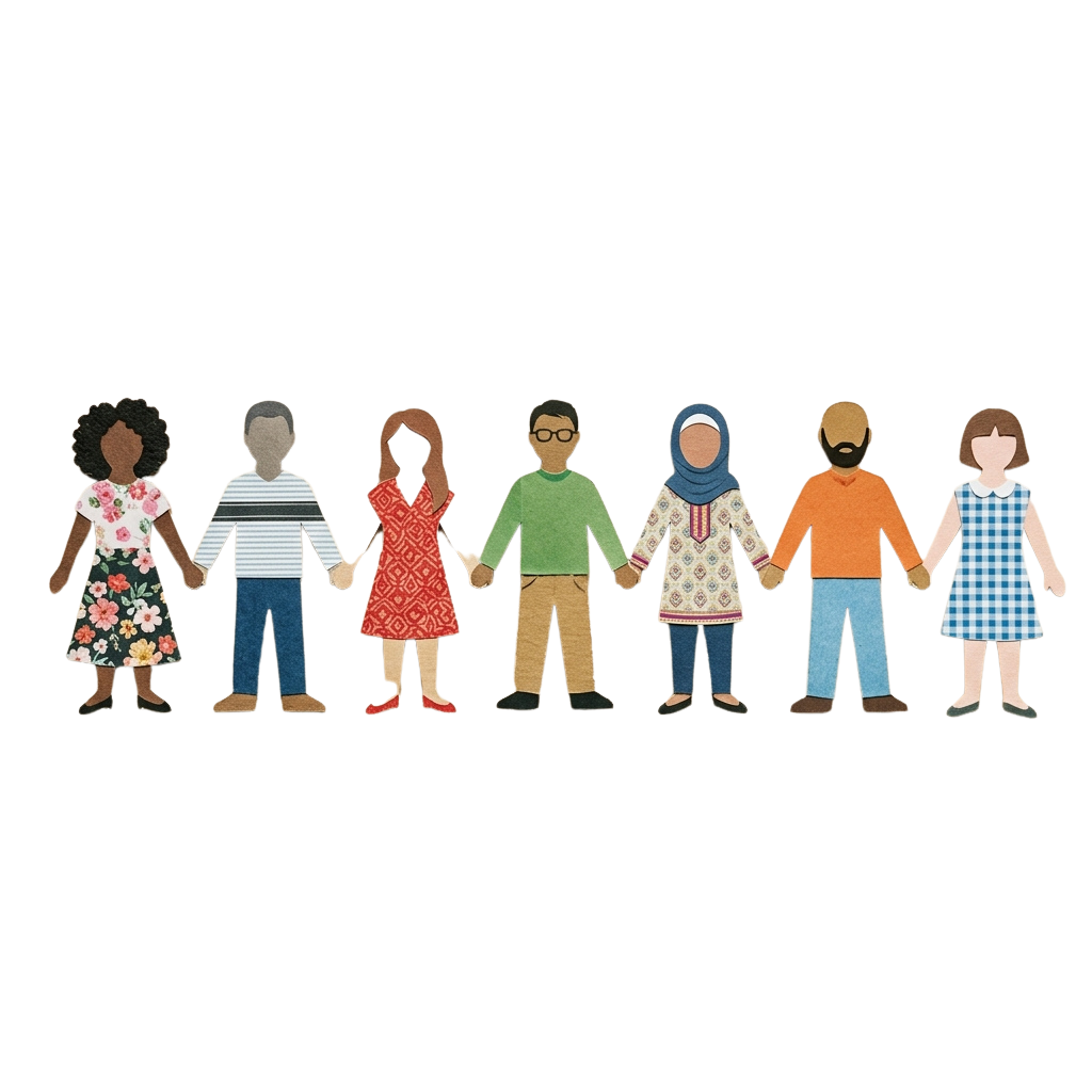 Six diverse cartoon figures holding hands in a line against a black background