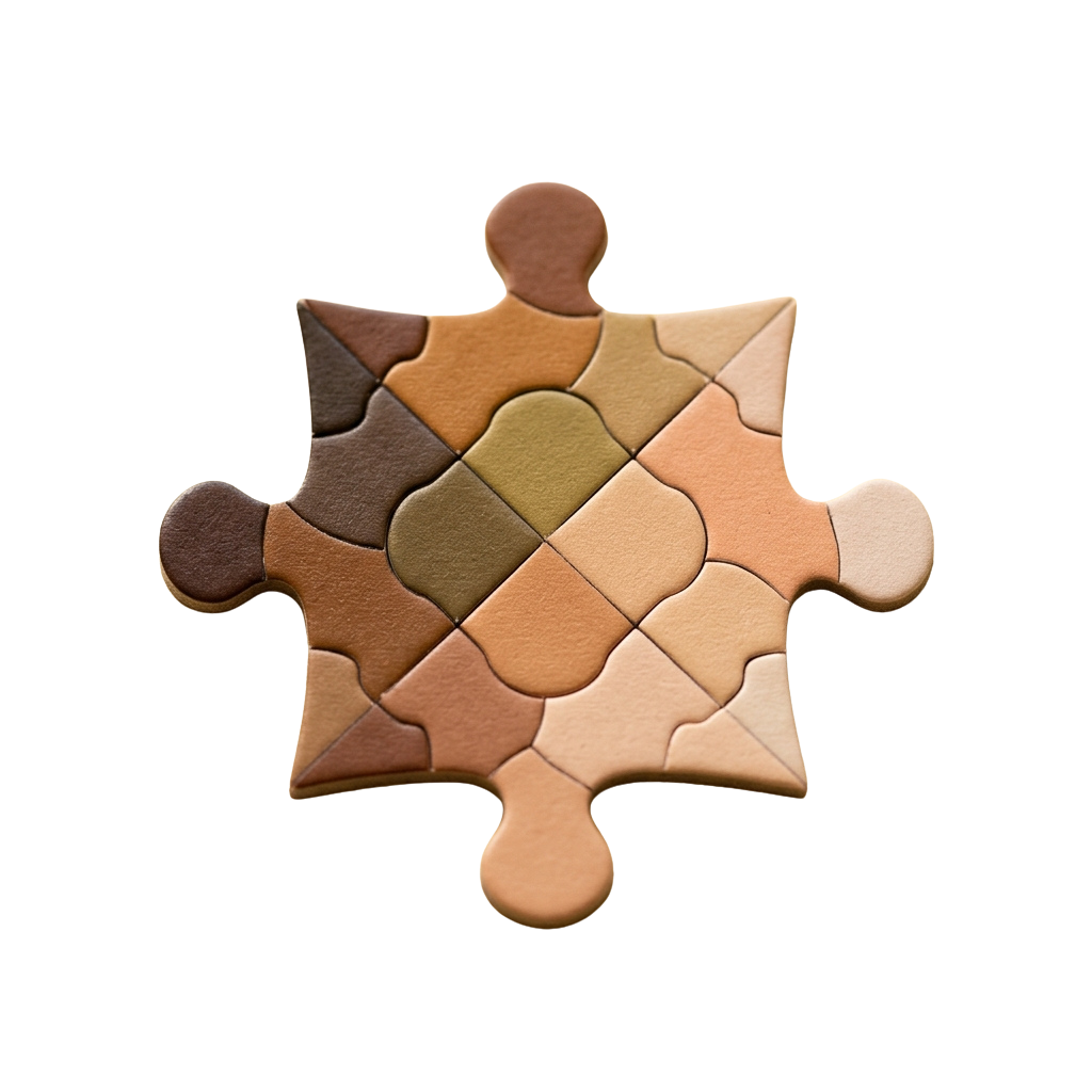 A single jigsaw puzzle piece with a gradient of earthy tones from dark brown to light beige