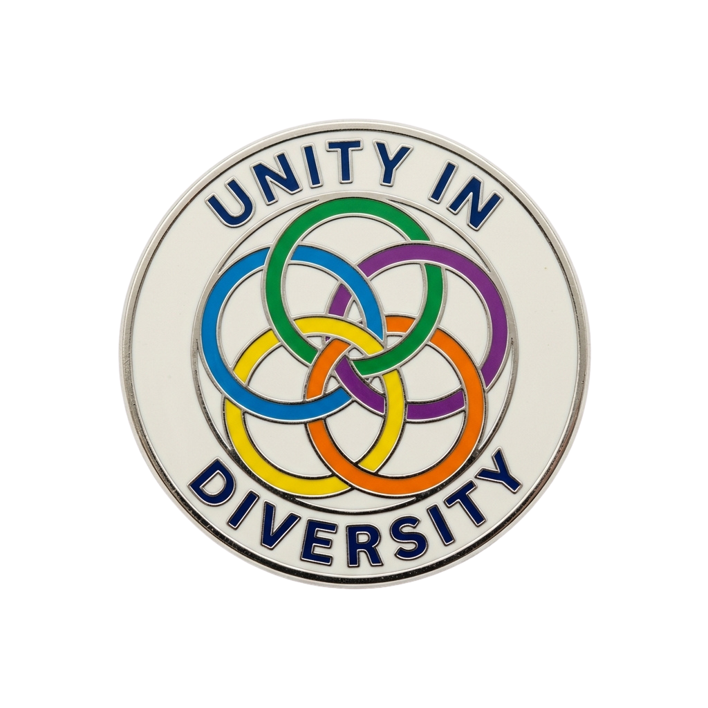 A round badge featuring colorful interlocking rings with the text Unity in Diversity above and below the rings