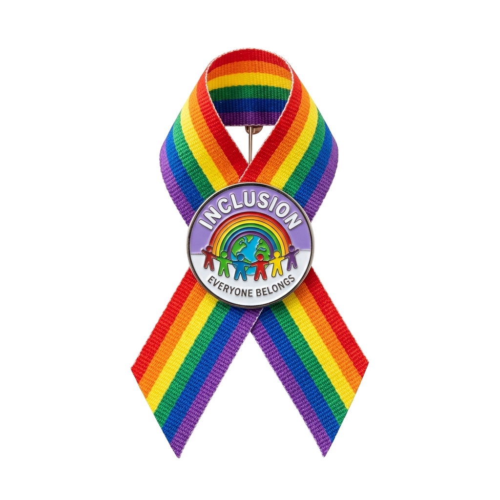 Rainbow ribbon with inclusion symbol featuring diverse silhouettes and text everyone belongs