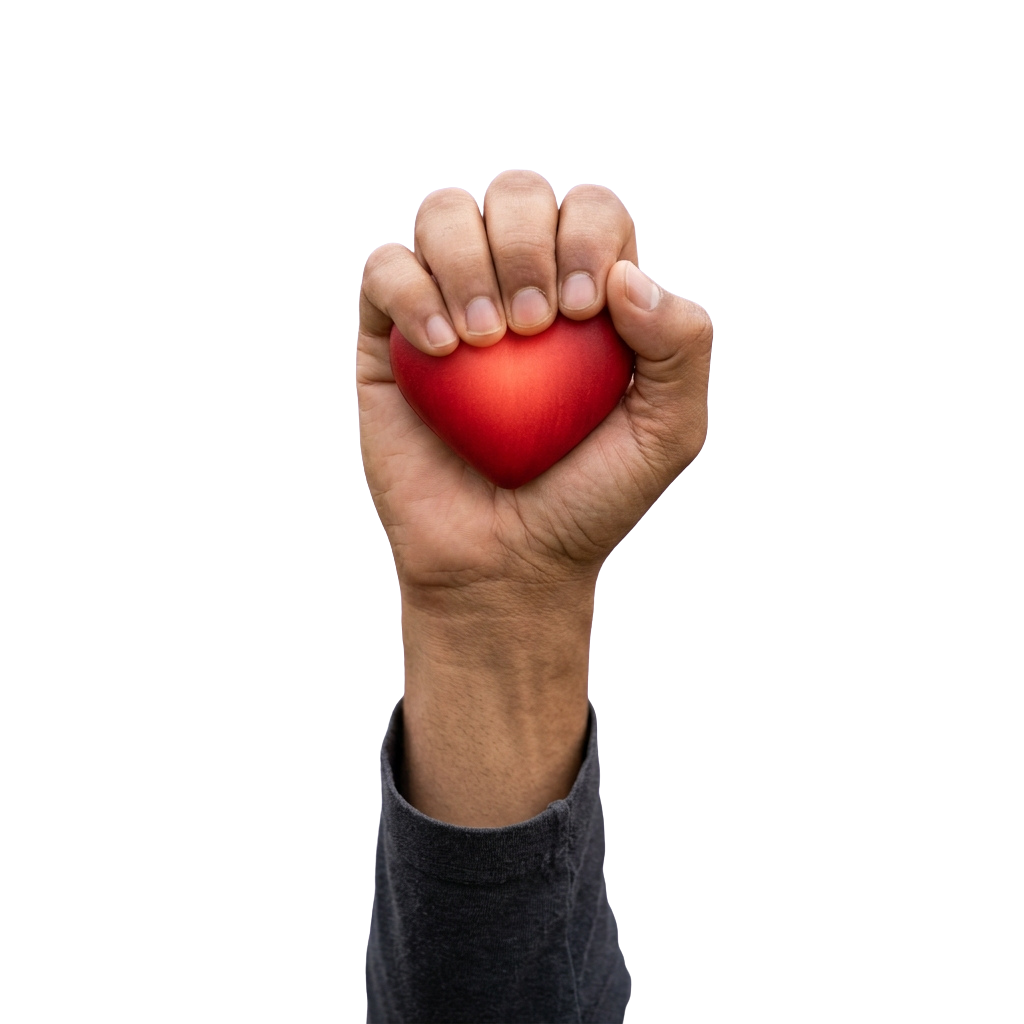 A hand holding a red heart-shaped stress ball against a black background