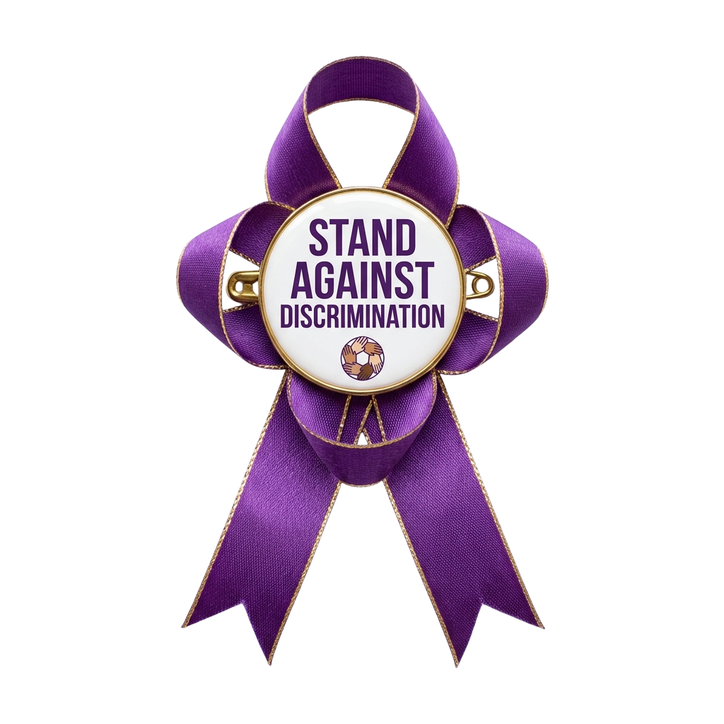 Purple ribbon badge with text Stand Against Discrimination and a soccer ball icon