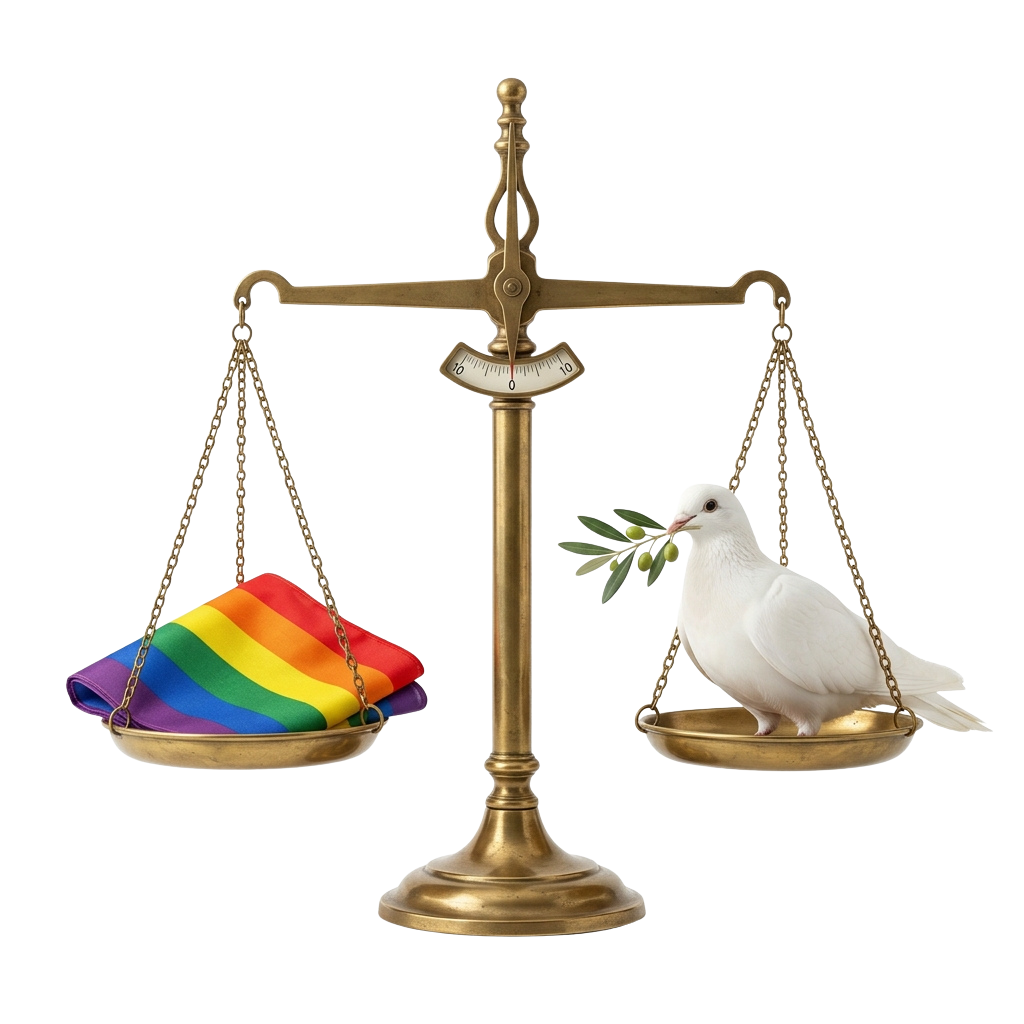A balance scale with a rainbow flag on one side and a white dove holding an olive branch on the other.
