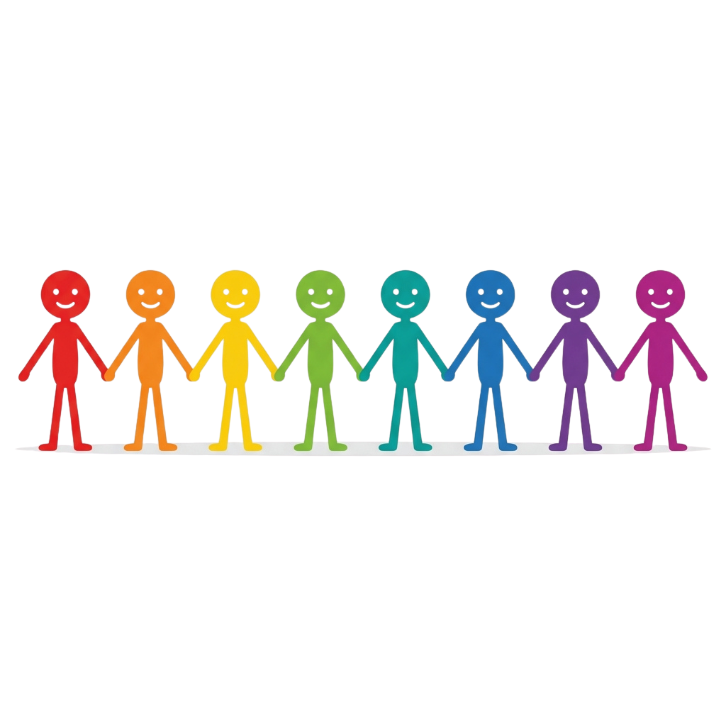 Seven smiling stick figures of different colors holding hands in a line