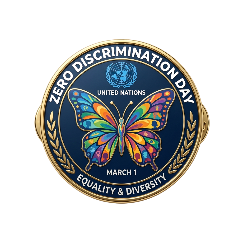 UN Zero Discrimination Day badge featuring a colorful butterfly and UN emblem, dated March 1, promoting equality and diversity