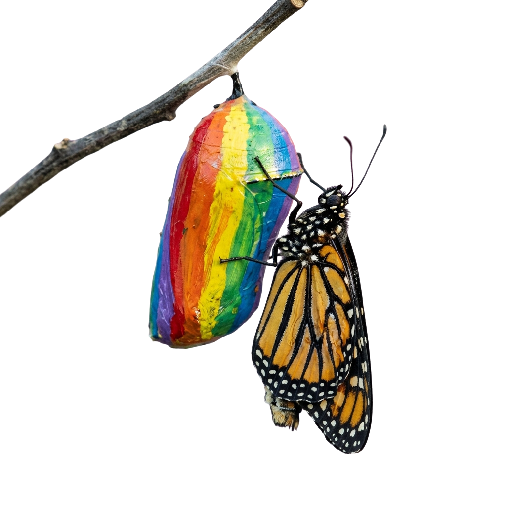 A monarch butterfly emerging from a colorful chrysalis attached to a branch