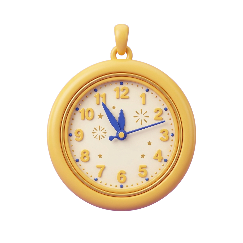 A golden yellow pendant watch with blue hour and minute hands showing the time around 10:10.