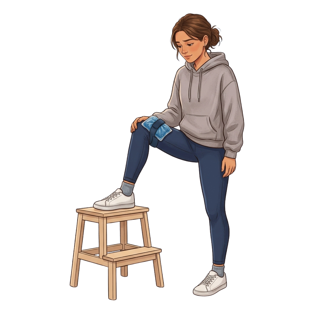 Illustration of a person stretching one leg up on a small wooden step, wearing casual athletic clothing.