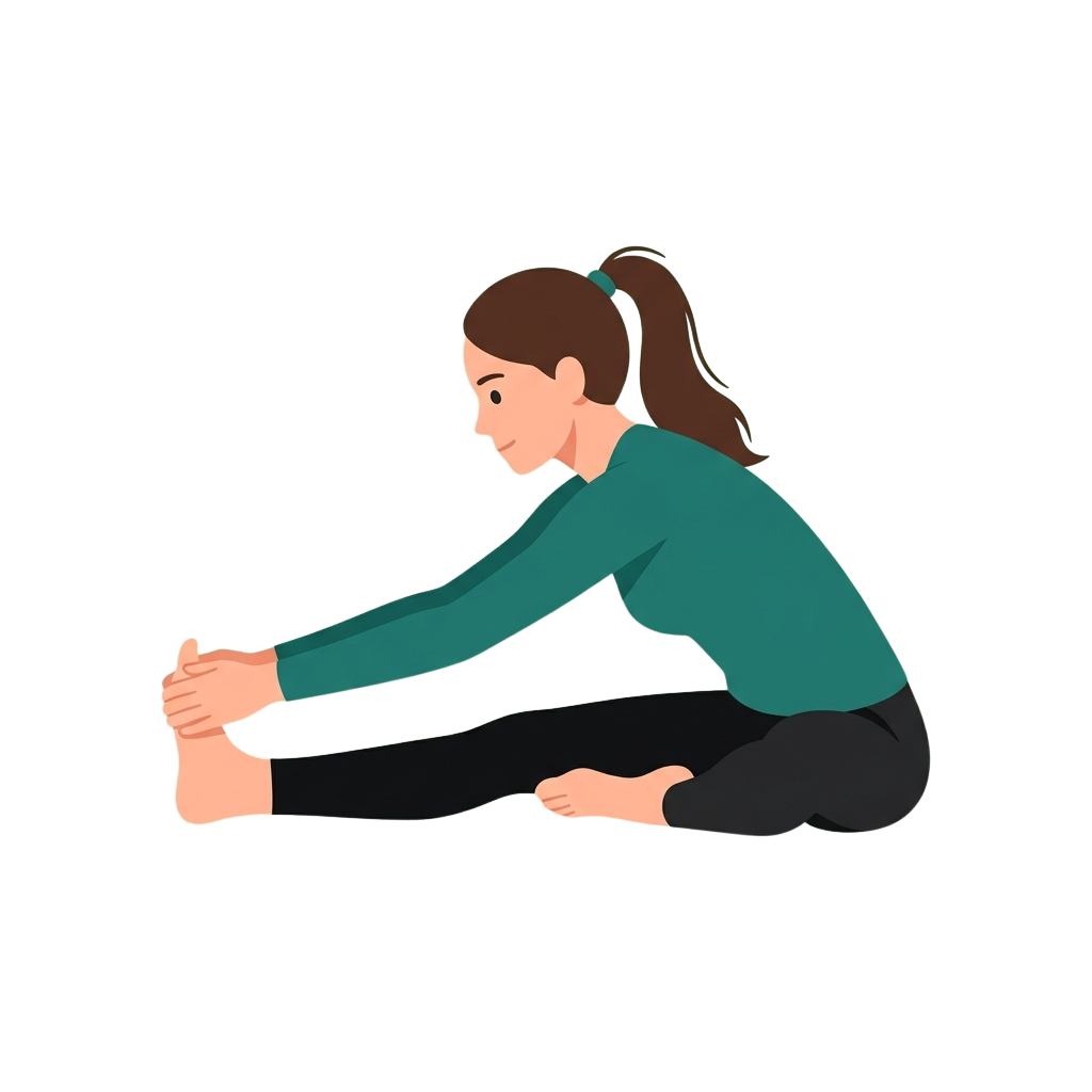 Illustration of a person doing a seated forward bend stretch with legs extended and hands grasping feet