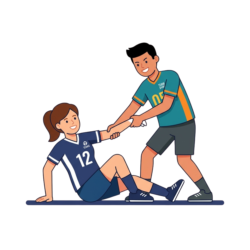 Two soccer players giving each other a handshake on the field, one kneeling and smiling