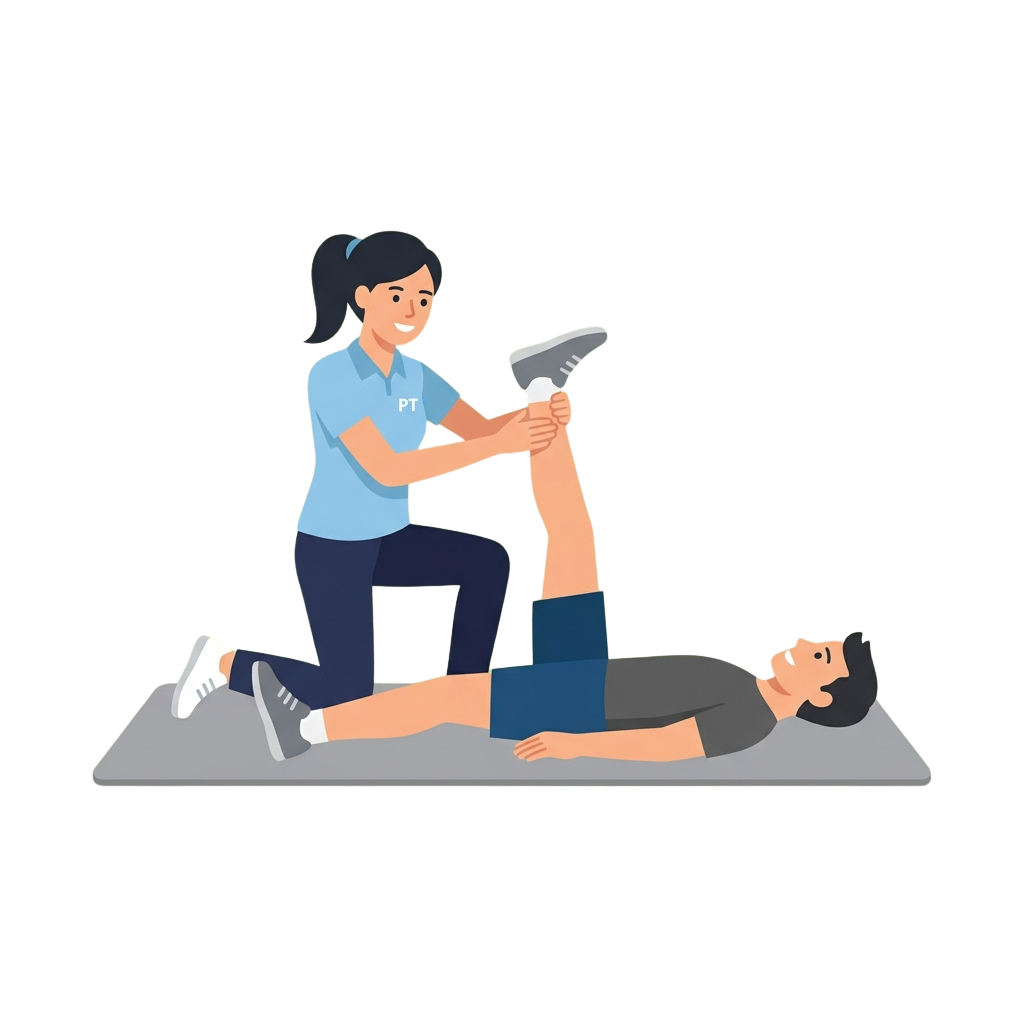 Physical therapist helping a patient stretch their leg while lying down on a mat