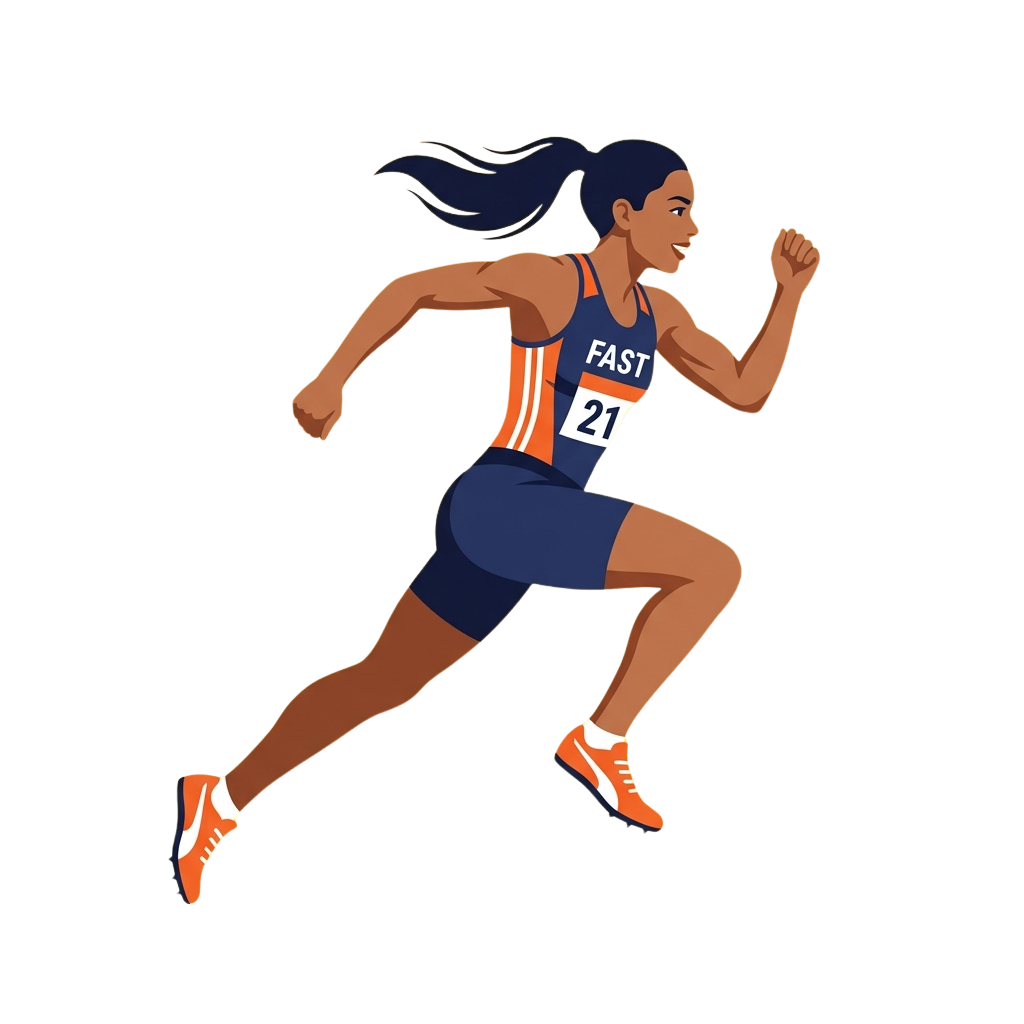 Female runner wearing a blue and orange track suit with the number 21 bib, running on a track.