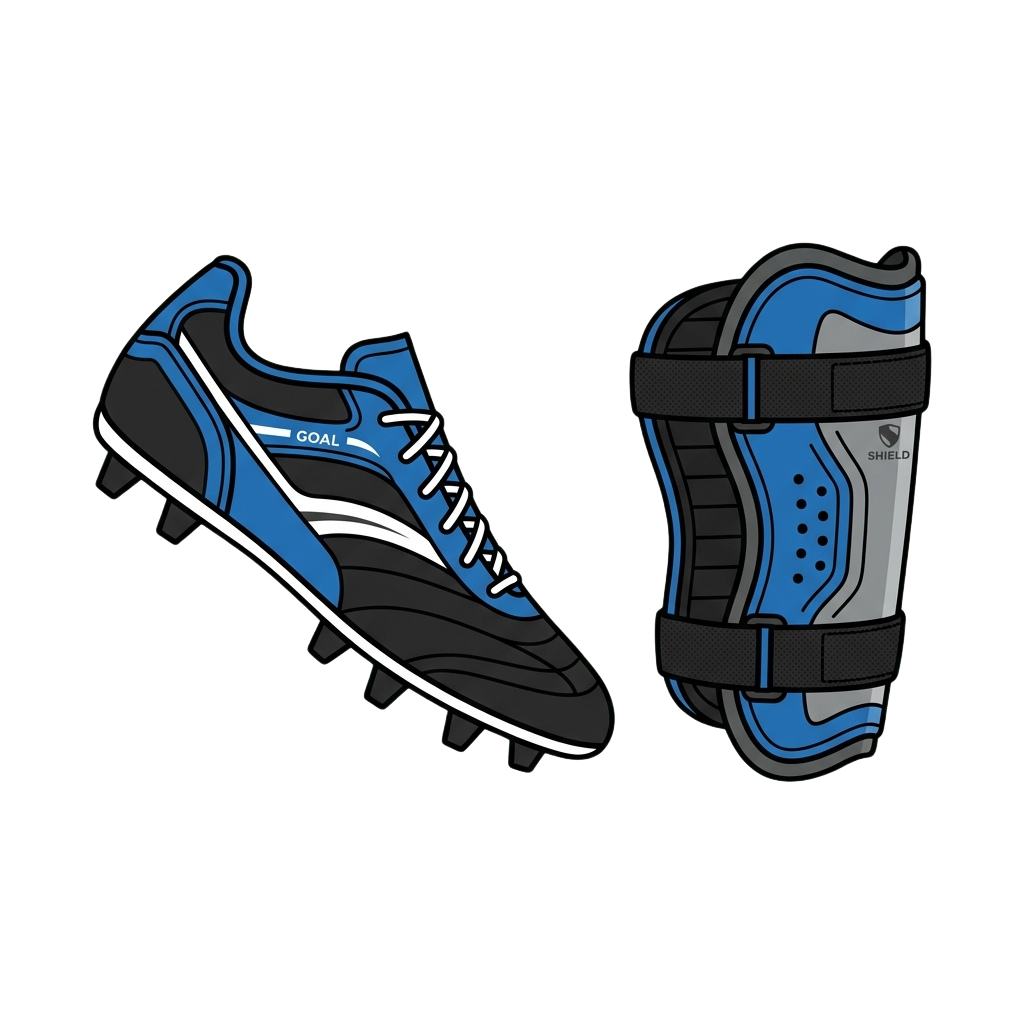Illustration of a blue and black soccer cleat and shin guard for goalkeepers