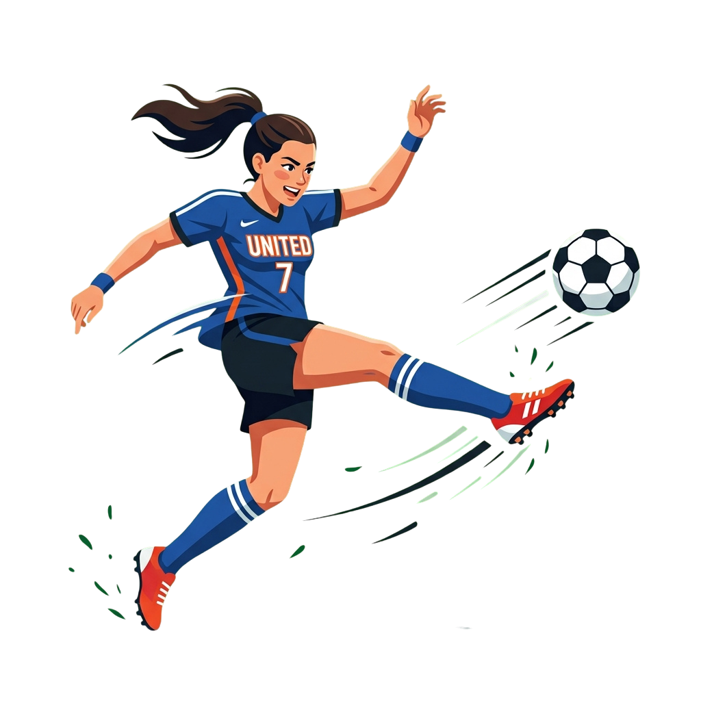 Female soccer player wearing a blue jersey with number 7 kicking a ball with dynamic motion lines