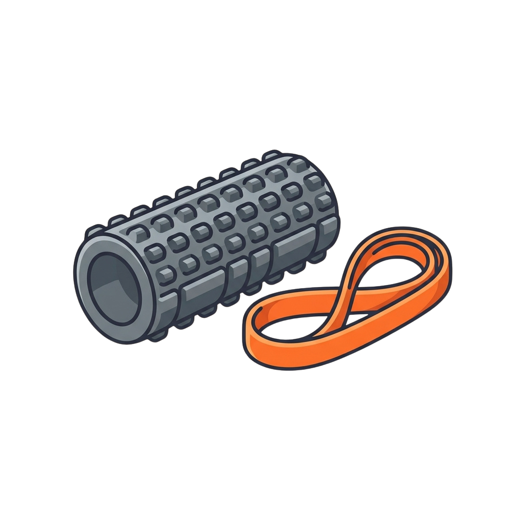 A gray foam roller with bumps and an orange resistance exercise band looped next to it
