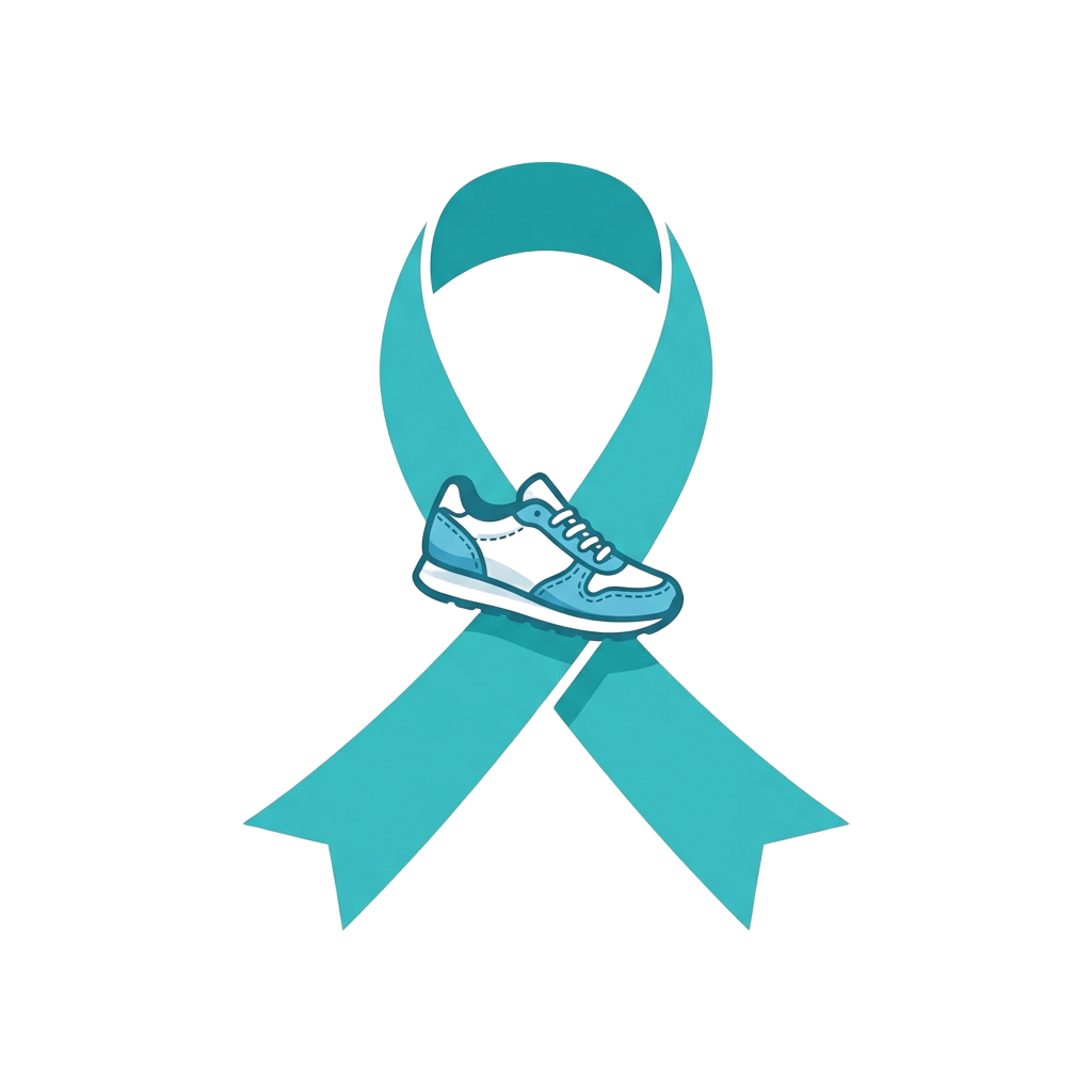 A turquoise awareness ribbon with a pair of athletic shoes integrated into its bow.