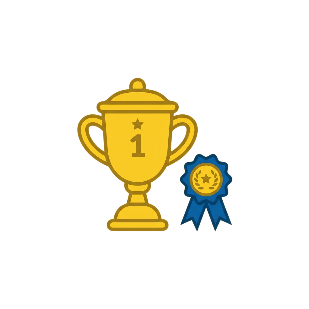 A golden trophy with the number one and a blue ribbon with a star medal emblem