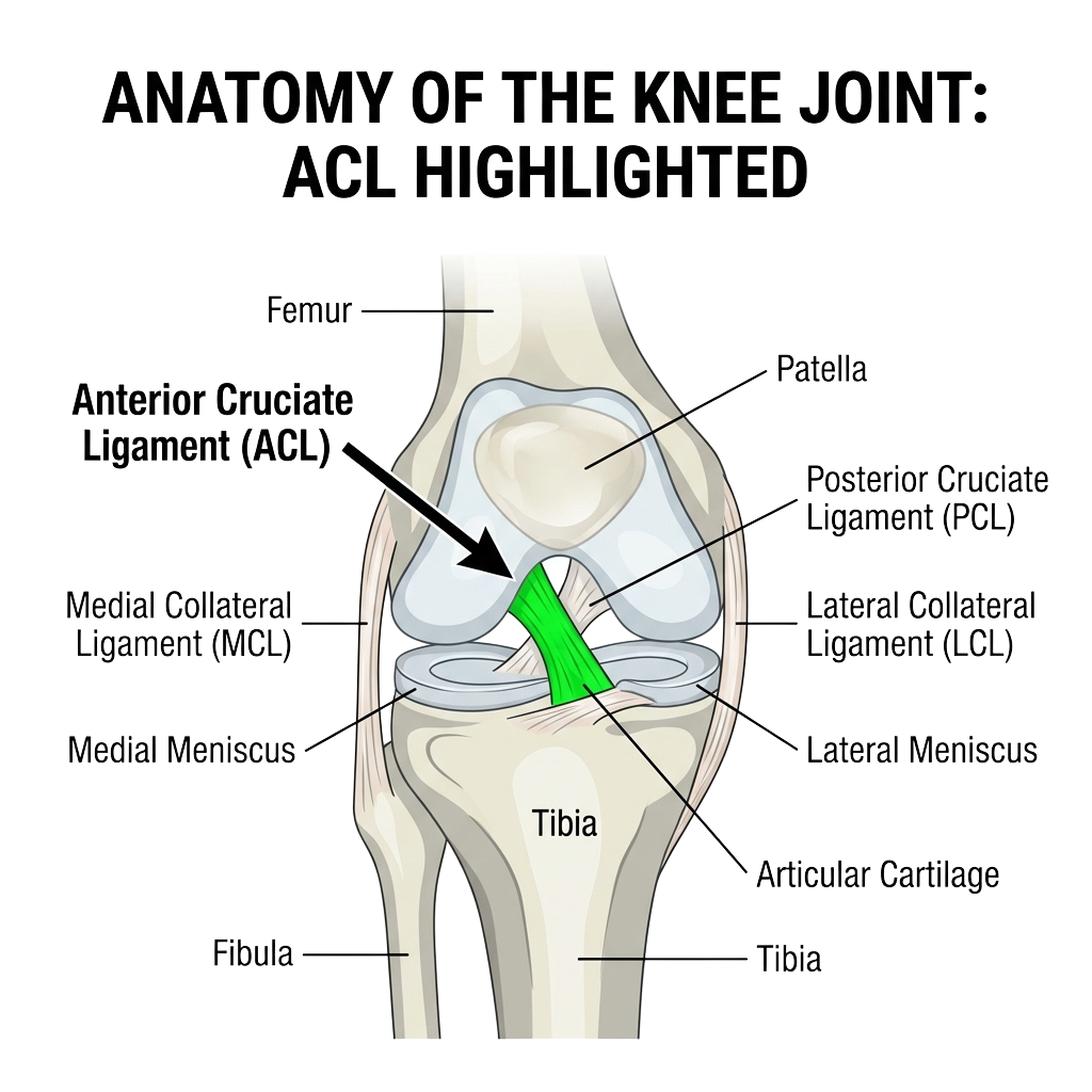Diagram of the knee joint with the anterior cruciate ligament highlighted in green