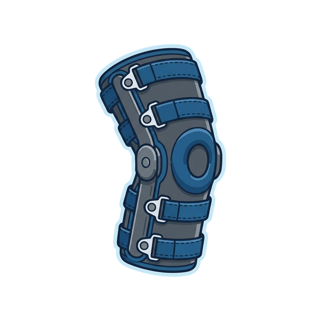 Illustration of a knee brace featuring adjustable straps and a padded design for joint support