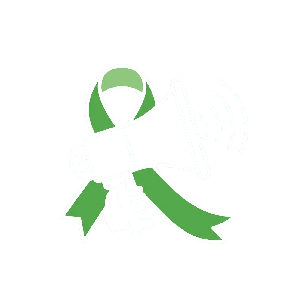 White graphic of a green awareness ribbon tied around a megaphone and mobile device, symbolizing advocacy and communication.