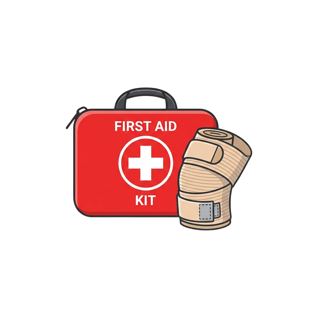 A red first aid kit with a white cross symbol and a rolled beige bandage next to it