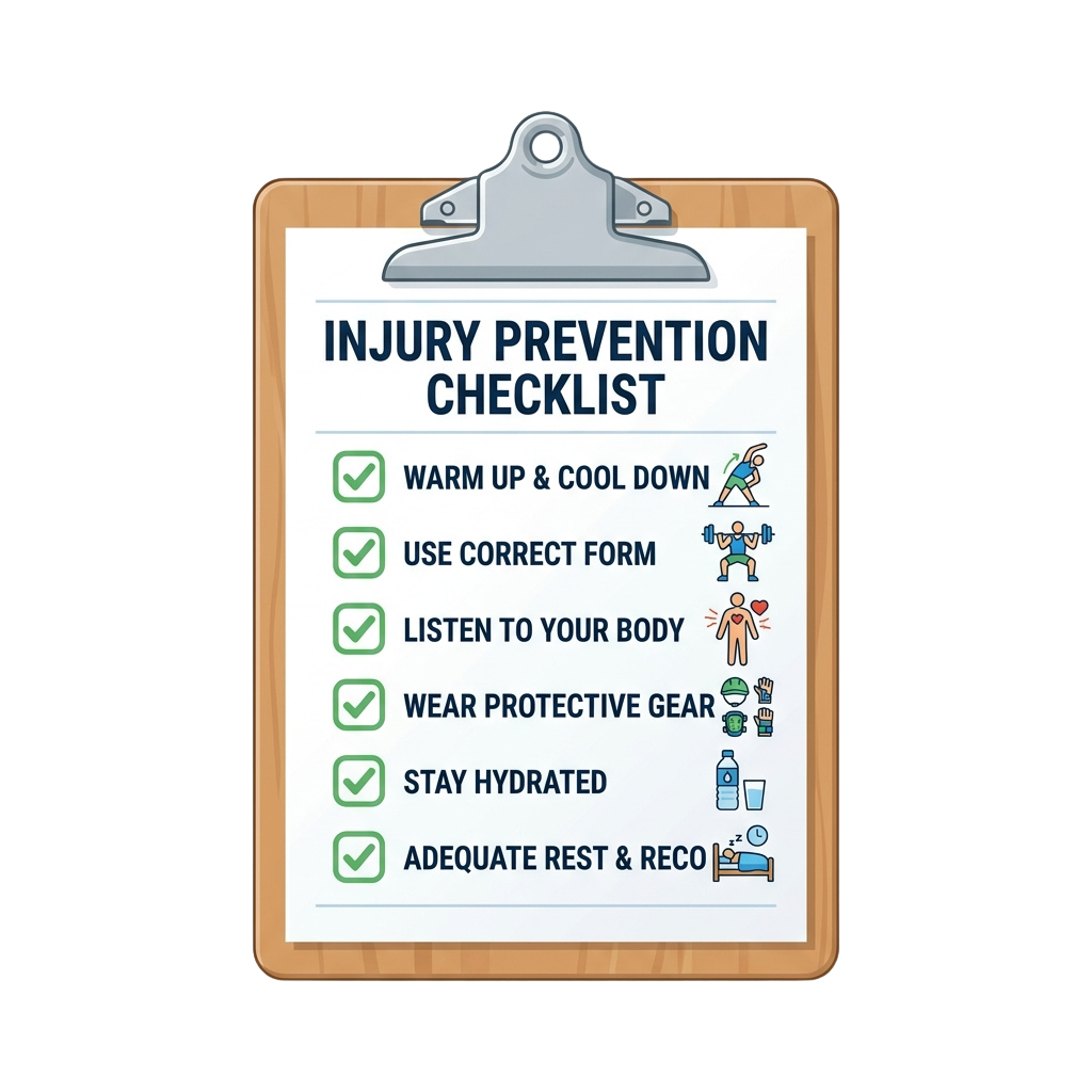Clipboard showing an injury prevention checklist with icons for warm-up, form, body awareness, protective gear, hydration, and rest