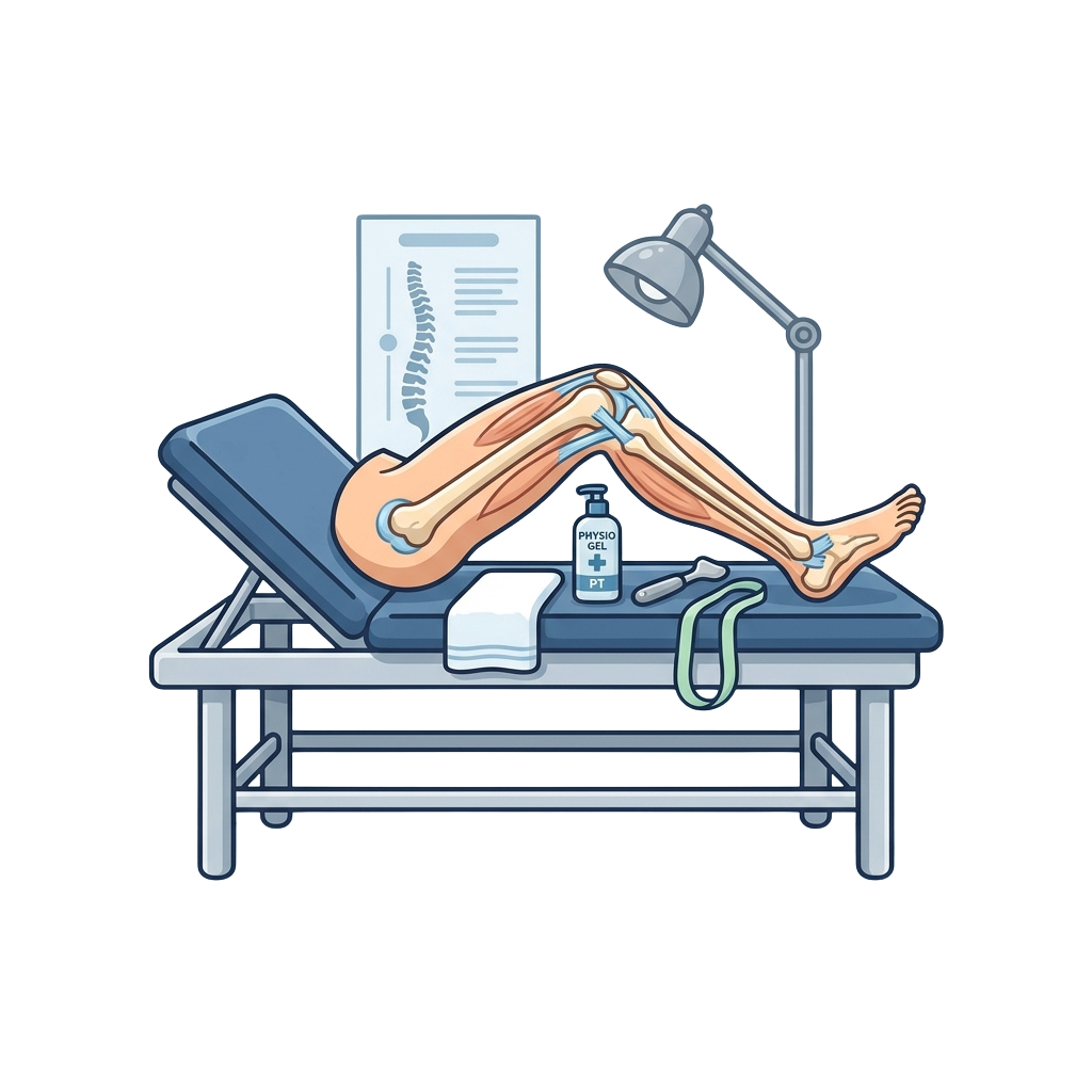 Illustration of a knee on an examination table with muscles highlighted, physio gel, and medical tools nearby