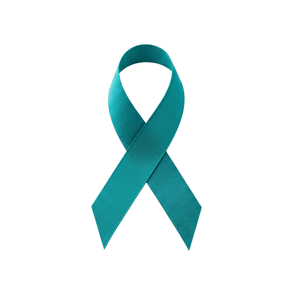A turquoise awareness ribbon on a black background