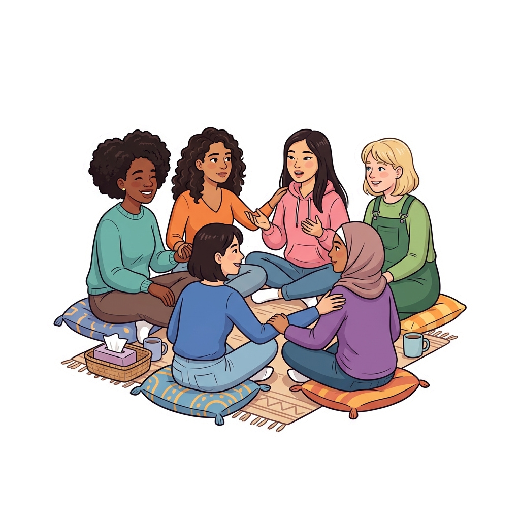 Five diverse women sitting in a circle, smiling and engaging in conversation on colorful floor cushions.