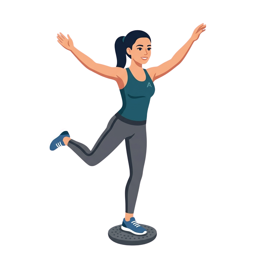 A woman in athletic wear balancing on one leg with arms outstretched on a small trampoline.