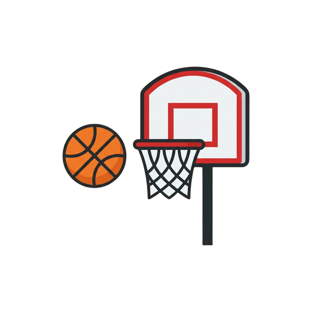 Orange basketball next to a white and red basketball hoop with net