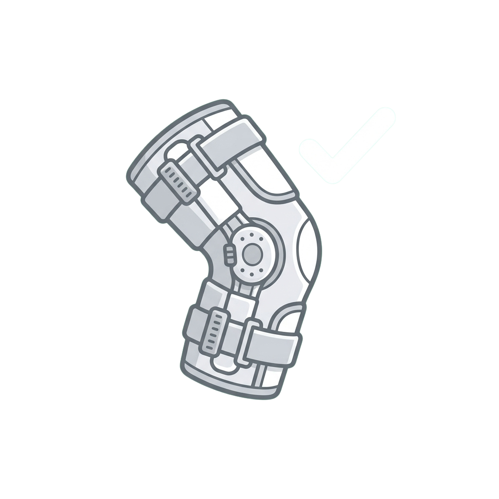 Illustration of a futuristic robotic knee brace with a checkmark indicating approval or functionality