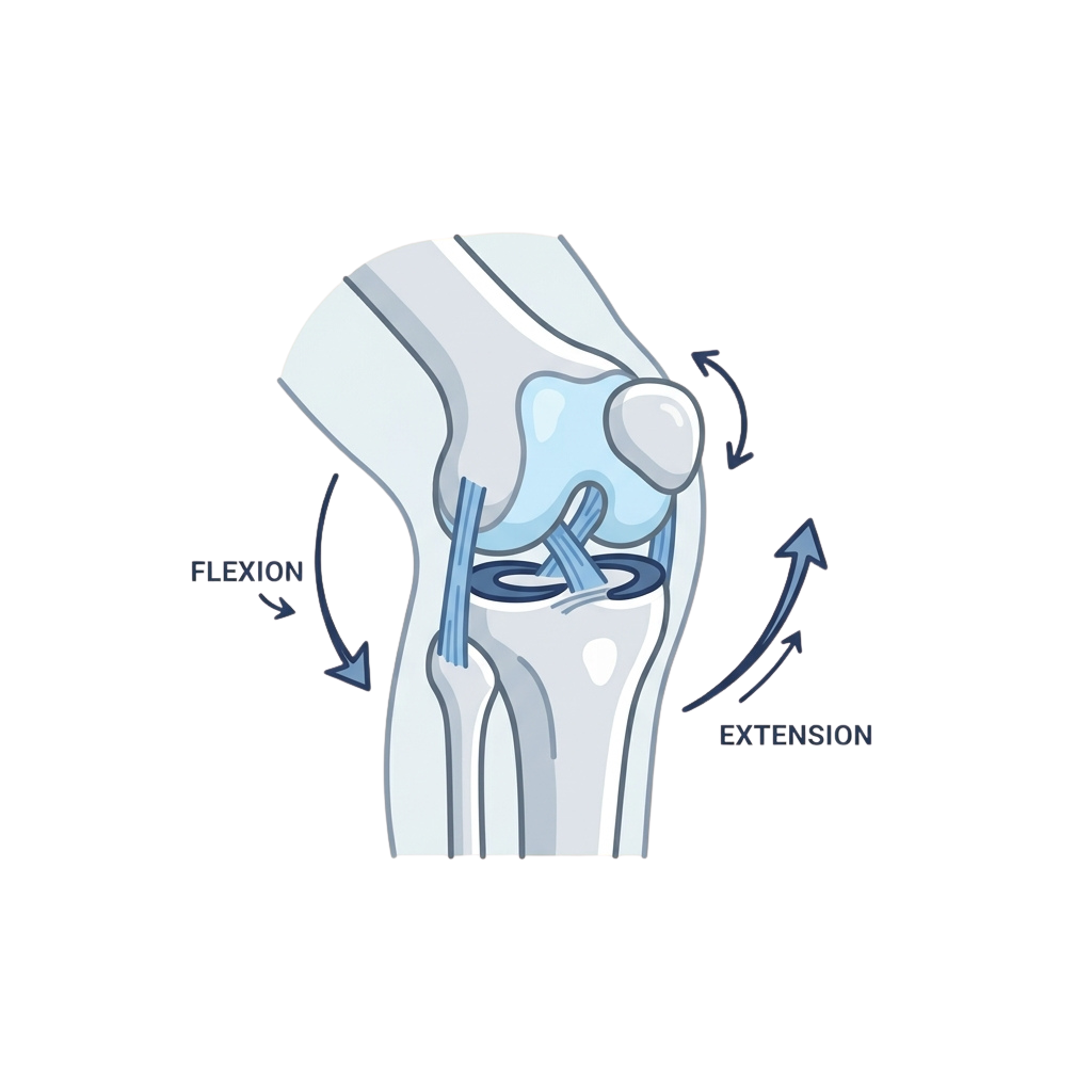 Illustration showing knee joint movements of flexion and extension with arrows indicating directions