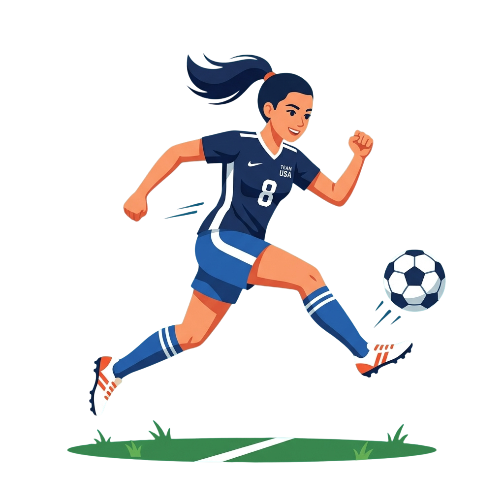 Female soccer player in blue jersey kicking a soccer ball on a field