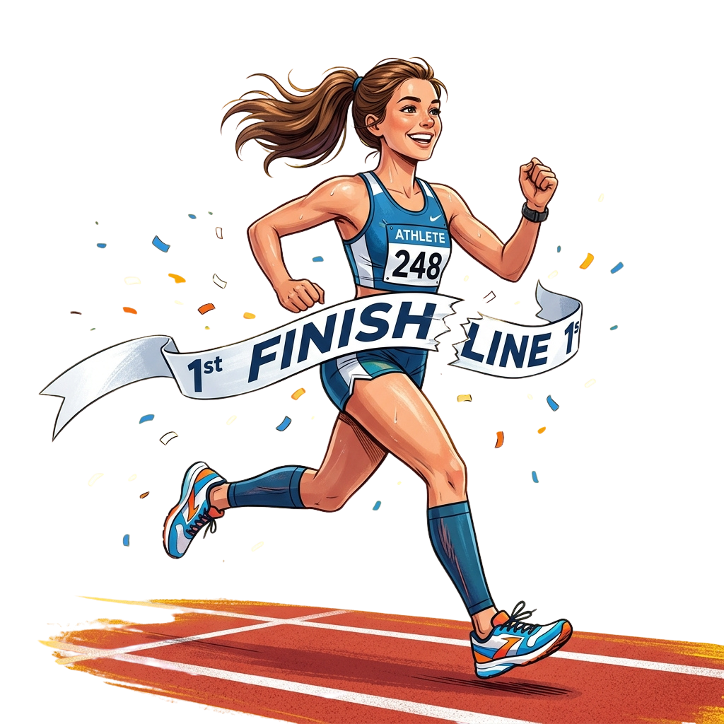 Smiling athlete crossing finish line with a banner that reads 1st place, wearing a race bib and athletic gear.