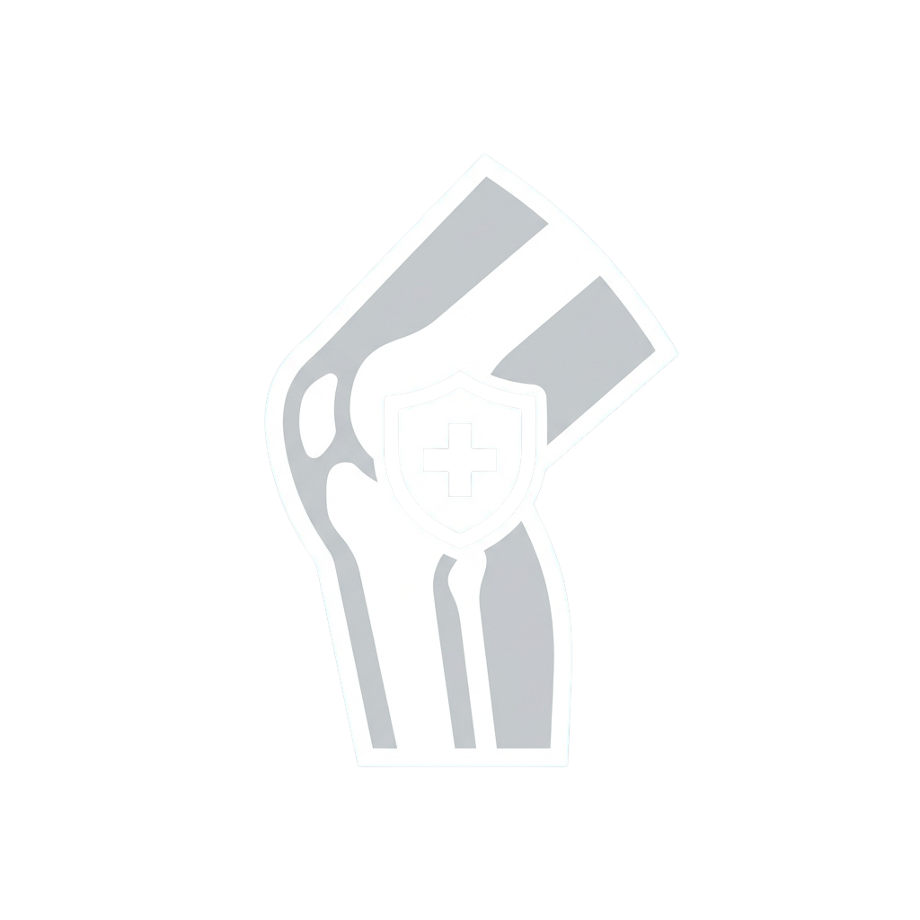 Illustration of a knee brace featuring a shield with a cross symbol for protection and support.