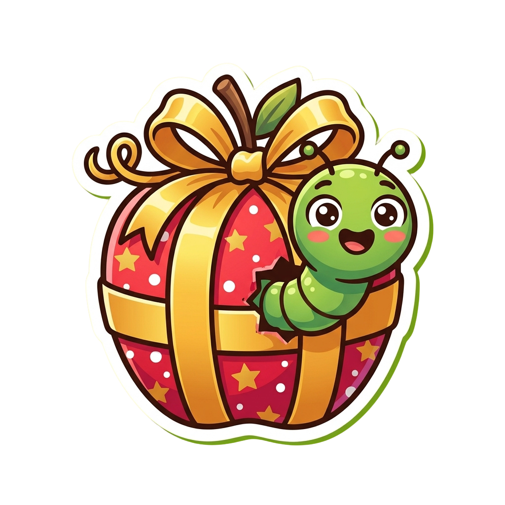 A cartoon green caterpillar peeking out from behind a red gift with gold ribbon