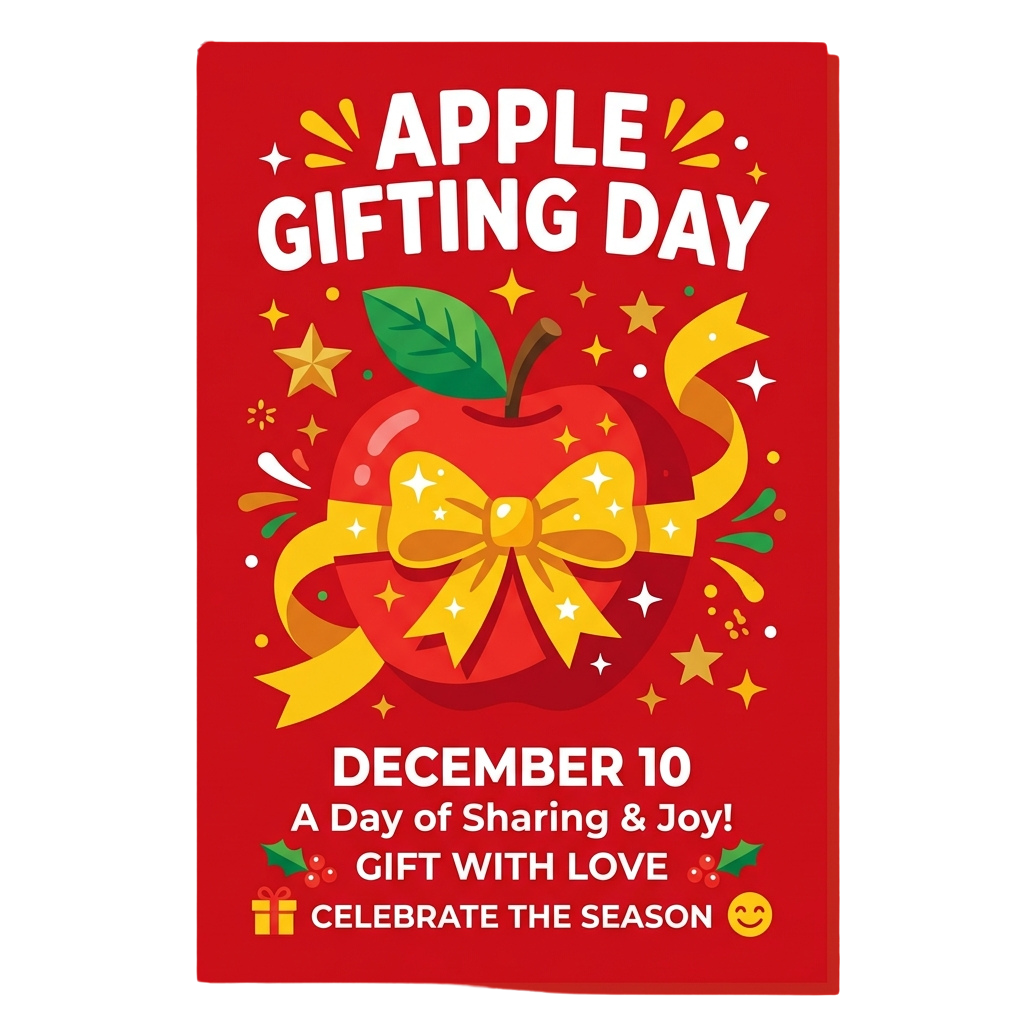 Red poster with a decorated apple and text