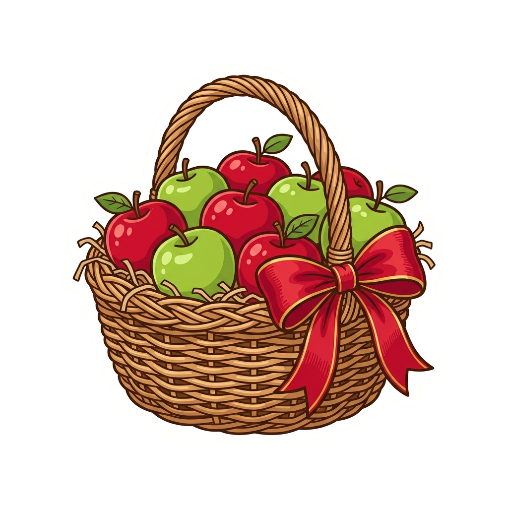 A wicker basket filled with red and green apples and tied with a red bow